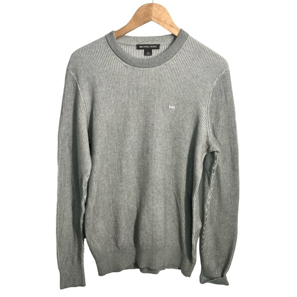 MICHAEL KORS 100% Cotton Ribbed Knit Textured Men's Gray Crew Neck Sweater Sz M